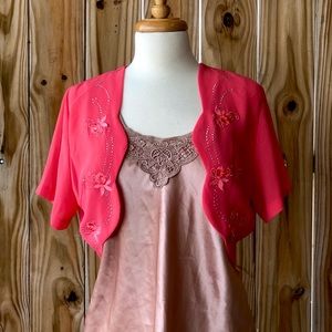 Vintage Rhinestone Flower Neon Bright Coral Bolero